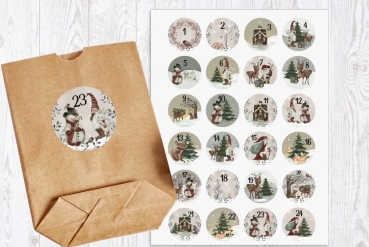 Preview: 24 Stück zuckersüße Adventskalenderaufkleber Sticker Vintage Weihnachten  /4cm rund mit-oder ohne 24 Beutelchen aus Kraftpapier